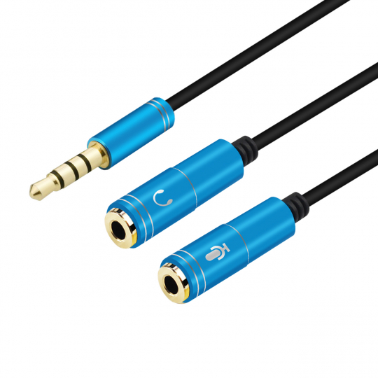 CABLE ADAPTADOR DIVISOR DE AUDIFONO Y MICROFONO METALICO AZUL